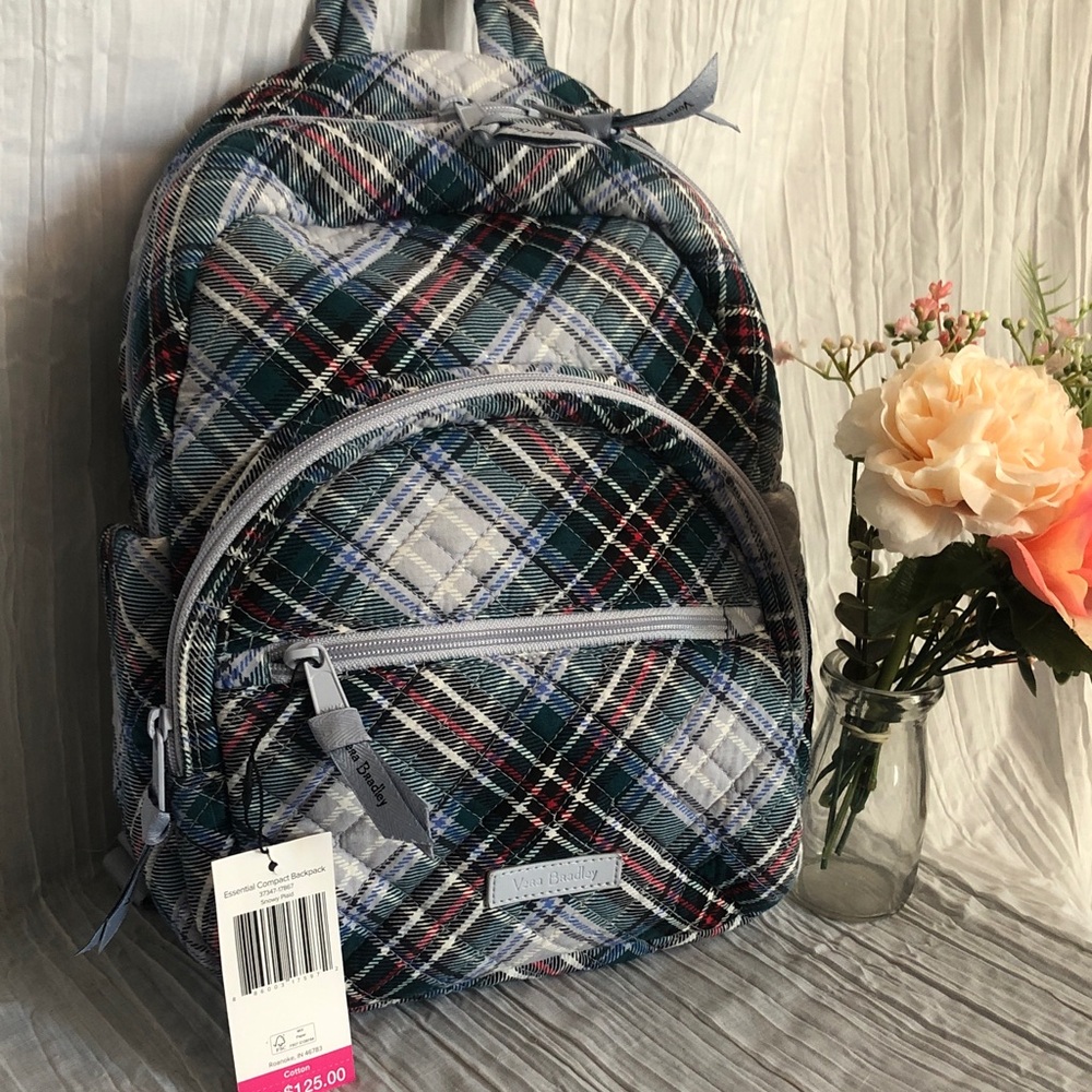 VERA BRADLEY Snowy Plaid Essential Compact Backpack blue & gray NWT